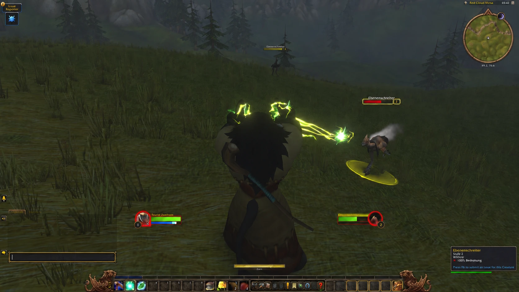 Gameplay de la beta de World of Warcraft Forever con un tauren y el chat editado mostrando /p Ready to pull?
